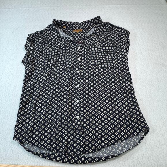 Jach's Girlfriend Large Short Sleeve Button Up Navy Blue and White Blouse - Picture 2 of 8